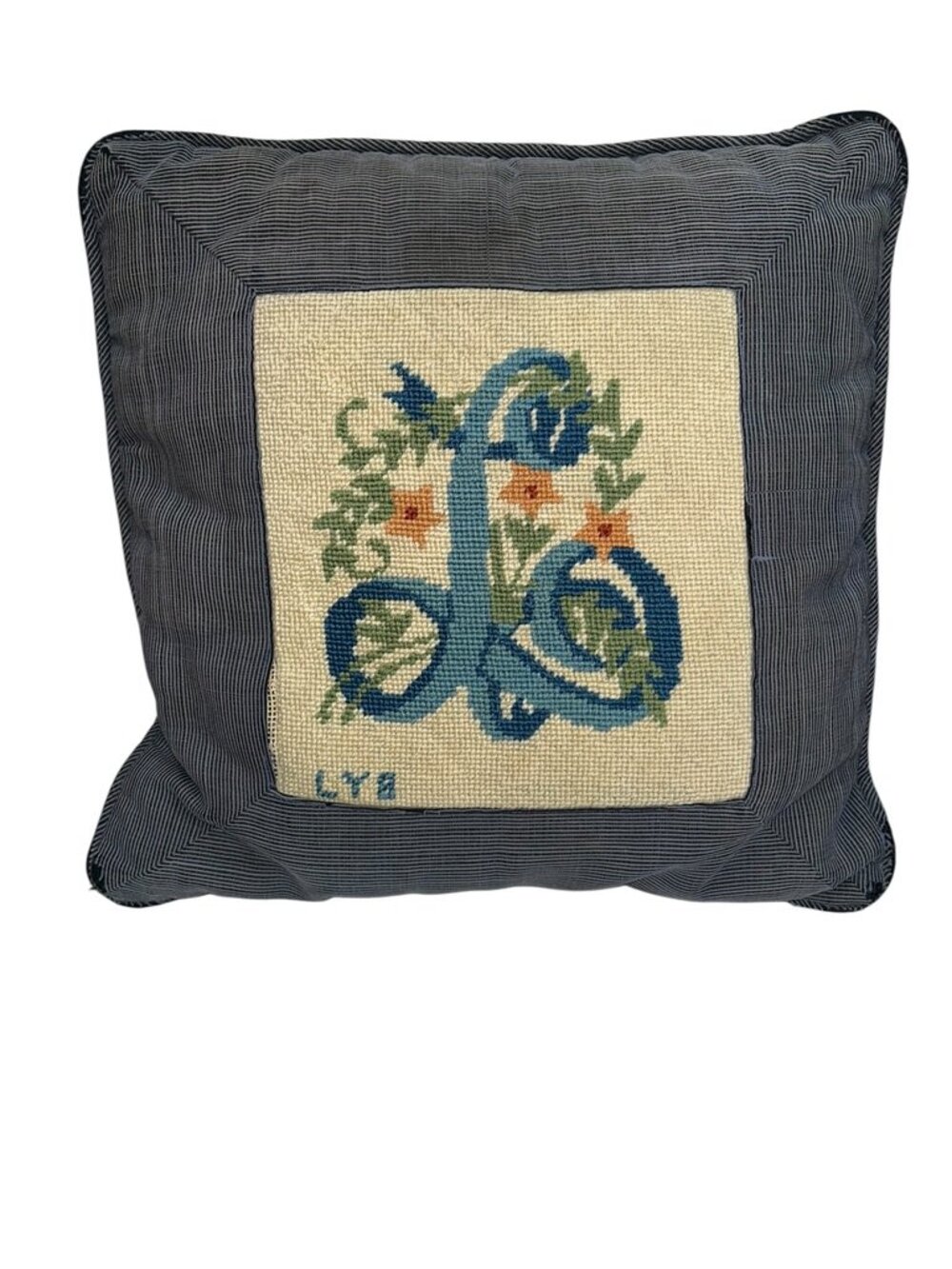 Antique Needlepoint blue "L" monogram accent pillow